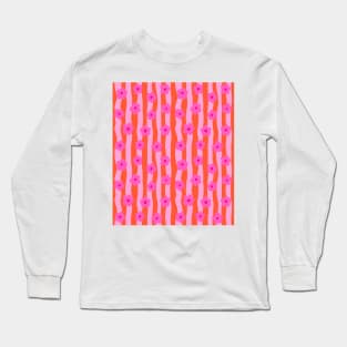 Pink Groovy Flowers on a Wavy, Stripy Orange Background Long Sleeve T-Shirt